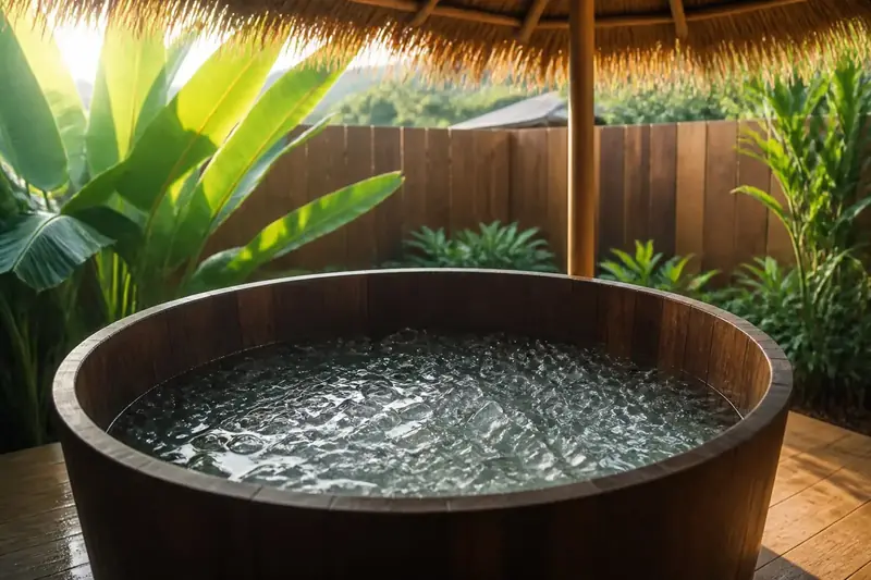 Private ice bath under a thatched umbrella